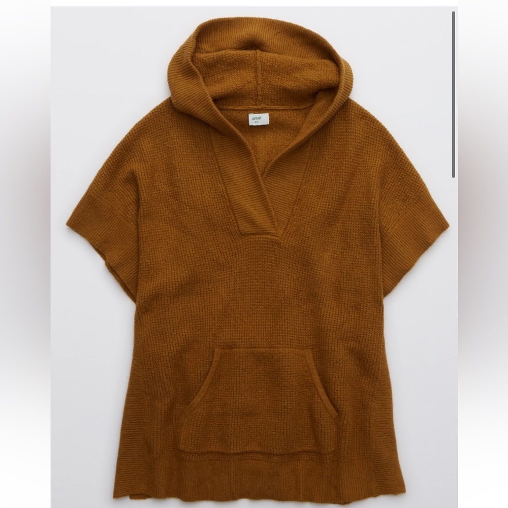 Aerie Poncho hoodie knitted with waffle texture Brown Hooded oversized Medium
